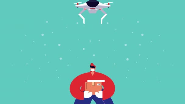 υπηρεσία παράδοσης drone με κουτί και κινούμενο σχέδιο εργαζομένων - Πλάνα, βίντεο