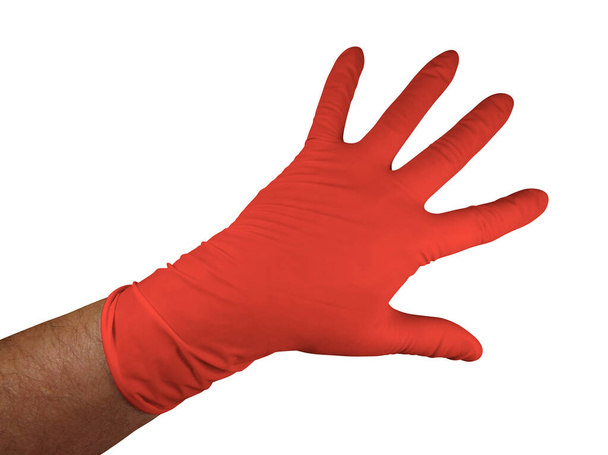 Red medical rubber gloves, isolated on white background. Clipping Path included. - Photo, Image
