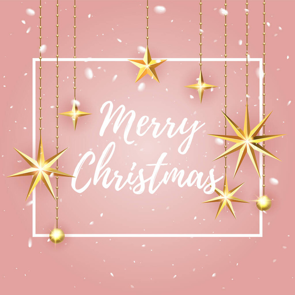 Luxury elegant Merry Christmas holiday background greeting card. Golden decoration ornament with Christmas stars on soft pink background with snow pattern. Calligraphy lettering Christmas. Vector. - Вектор, зображення