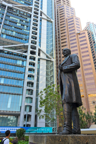Hong Kong, China - October 6, 2018: The Bronze statue of Sir Thomas Jackson, 1st Baronet is sculpture by Mario Raggi. Installed in Statue Square is a public pedestrian square in Central of Hong Kong - Zdjęcie, obraz