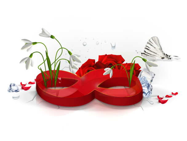 Вісім прозорих червоних з квітами і лід на білому тлі
 - Фото, зображення