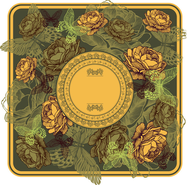 Vintage frame with yellow roses and butterflies, vector illustra - Vector, imagen