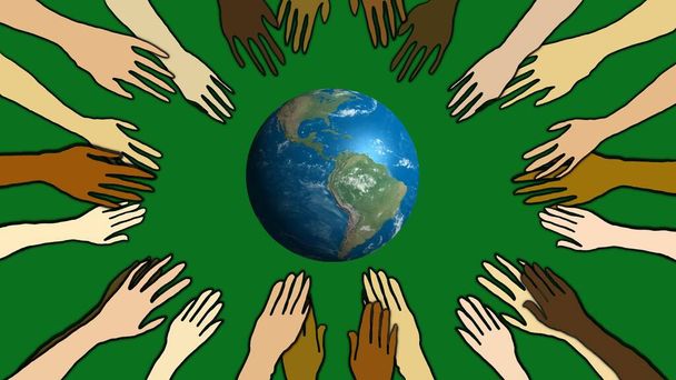 Las manos de la diversidad evocan el concepto de interconexión y ecología. fondo verde
. - Foto, imagen