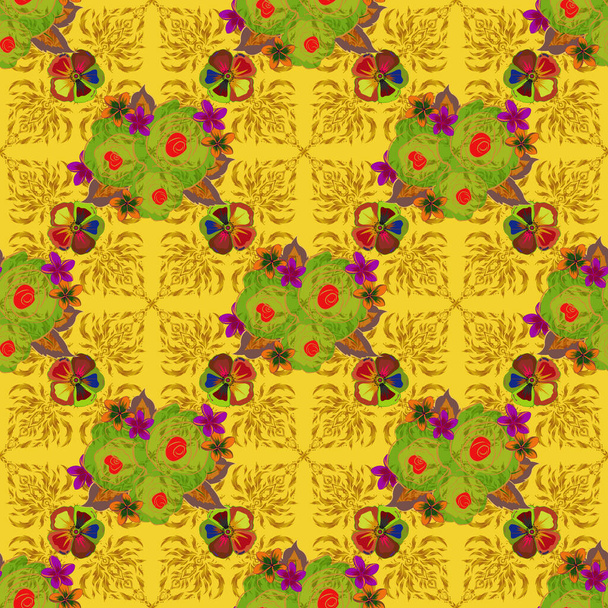 Raster seamless floral pattern with rose flowers and green leaves, decorative elements, splash, blots and drop in yellow, green and orange colors. Doodle sketch style, hand-drawn illustration. - Vector, Image