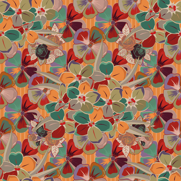 Elegant retro ornament for fabric, textile, wallpaper, wrapping. Vector illustration. Hand drawn bright seamless floral pattern with pretty small flowers in red, orange and beige colors. - Vector, Image
