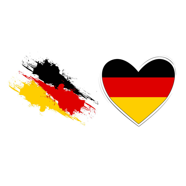 Zestaw z dwoma flagami Niemiec jak serce i pędzel akwarelkowy. Flagi są na białym tle. - Wektor, obraz