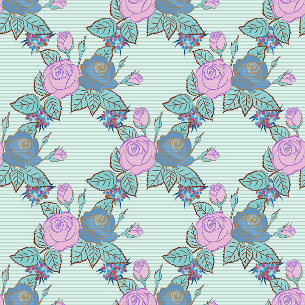 Vector seamless pattern in gray, pink and blue colors. Beautiful watercolor rose flowers and green leaves, bright painting inspired floral print. - Vettoriali, immagini