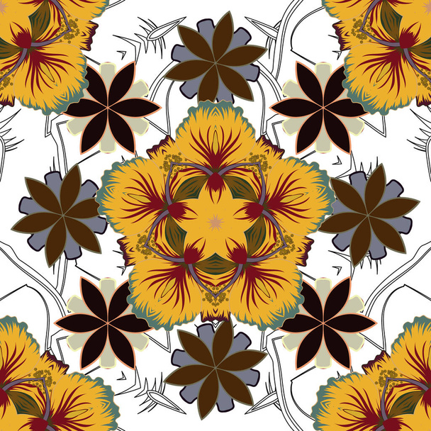 Beautiful vector texture. Seamless pattern with cute flowers in blue, brown and yellow colors. Spring vintage floral background. - Vector, Image