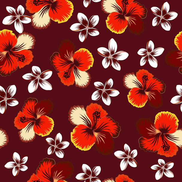 Vector floral pattern for wedding invitations, greeting cards, print, gift wrap, manufacturing fabric, textile. Elegant seamless pattern with decorative red, yellow and beige hibiscus flowers. - Vettoriali, immagini