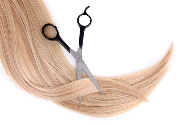 Long blond hair and scissors isolated on white - Φωτογραφία, εικόνα