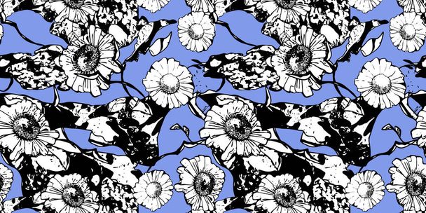 Monochromes florales nahtloses Muster mit Kamille. Weiße Blüten und Blätter auf blauem Hintergrund. Handgezeichnet. Für Design, Textil, Druck, Banner, Tapeten, Packpapier. Vektoraktiendarstellung. - Vektor, Bild