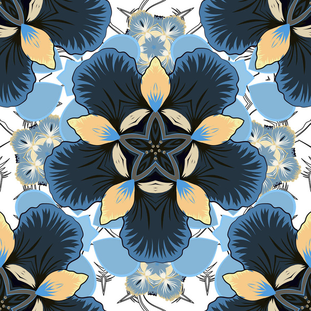 Modern flower pattern with royal flower. Colored orient pattern in black, gray and blue colors. Seamless floral ornament. - Wektor, obraz