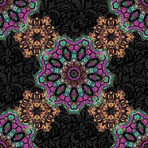 Brown, pink and gray ornament on a black background. Wallpaper baroque, damask. Floral seamless pattern. Seamless background. - Vector, Image