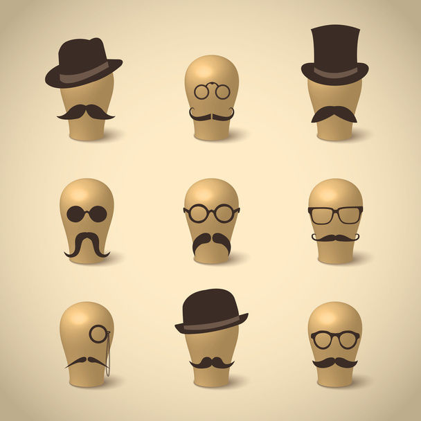 Set of retro mustaches hats and glasses - Vector, Image