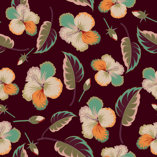 Pattern for summer fashion, interior, wallpaper. Exotic flowers in allover composition. Seamless vector tropical design with hibiscus in beige, orange and red colors. Vector illustration. - Vector, Imagen