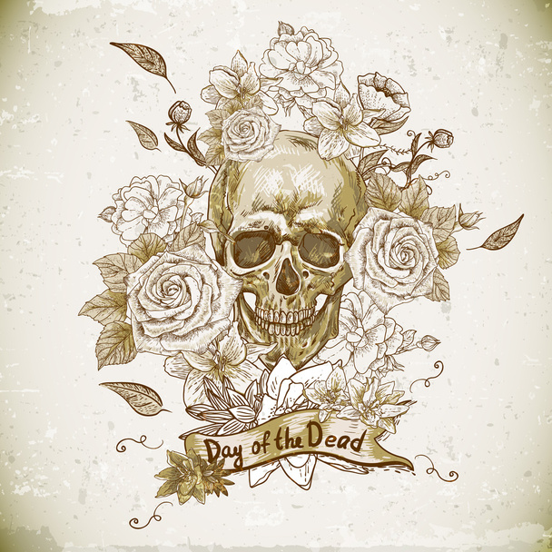 Skull with Roses Day of The Dead - Vector, Image