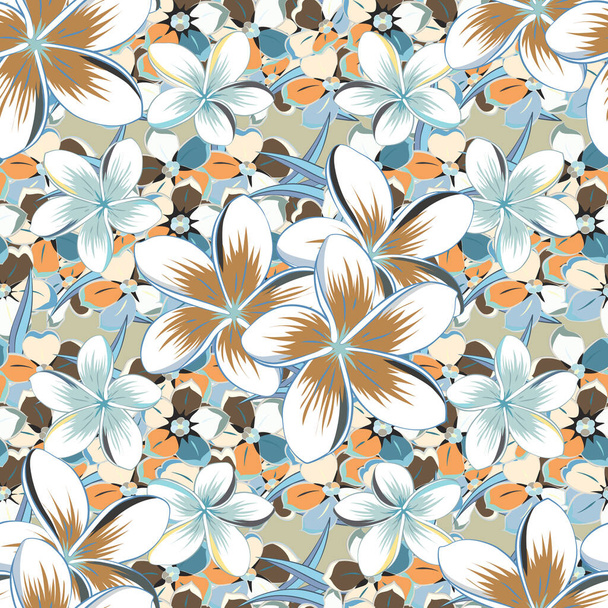 Vector illustration. Seamless floral pattern with stylized plumeria flowers in gray, brown and blue colors. - Vector, Image