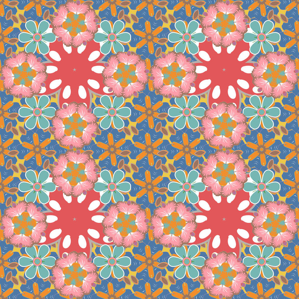 Raster illustration. Seamless background pattern with tropical flowers and leaves in pink, blue and green colors. - Vector, Image