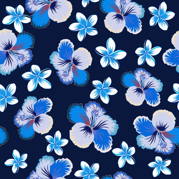 Design in blue and black colors for invitation, wedding or greeting cards, textile, prints or fabric. Hand drawing style. Floral seamless pattern hibiscus flowers. Vector hibiscus floral pattern. - Vector, Image