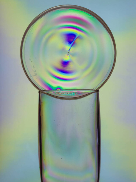 Κενό ποτήρι σαμπάνιας με πλαστικό πολύχρωμο κύκλο, δημιουργική στυλ φωτογραφία, δεύτερη ζωή σκουπίδια - Φωτογραφία, εικόνα