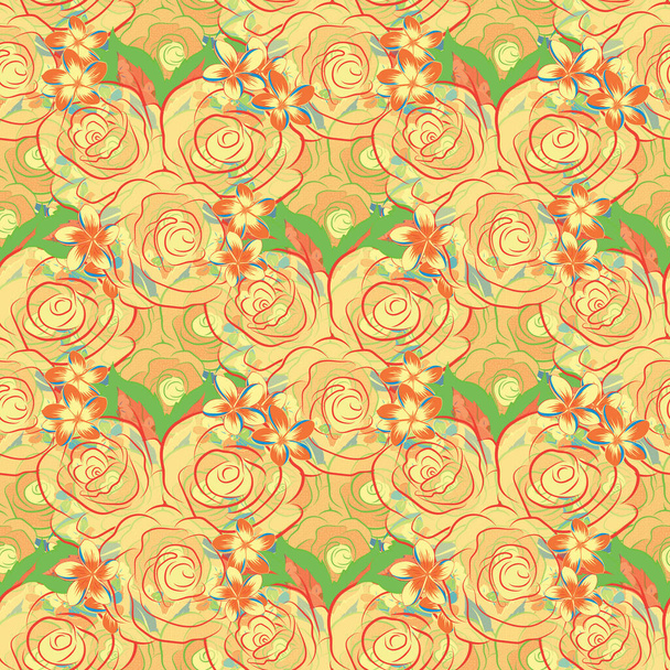 Open flowers and buds seamless pattern in yellow, green and orange colors. A vintage style watercolor drawing of a branch of yellow, green and orange roses. - Vector, Image
