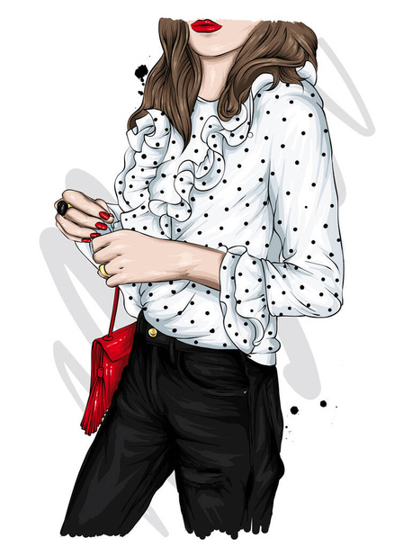 Beautiful high in pants and a shirt. Stylish clothes and accessories. Fashionable woman. Vector illustration. Fashion & Style. Fashion look.  - Vector, imagen