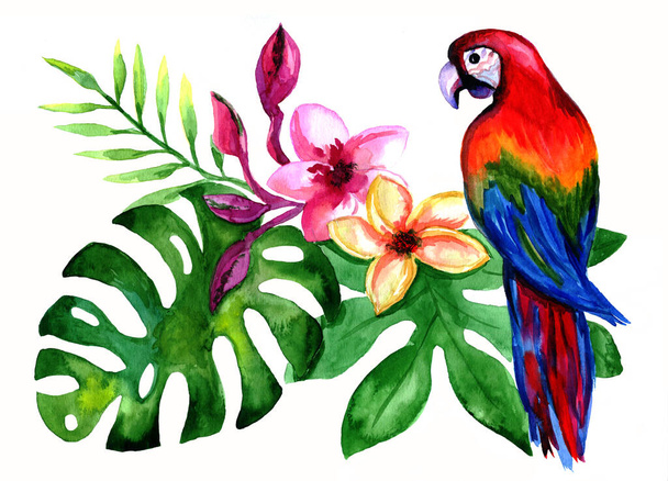 Папуга сідає на букет з тропічних листя і квітів
. - Фото, зображення