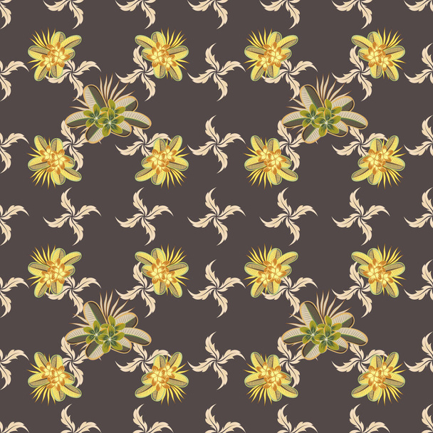 Vector seamless background pattern with stylized plumeria flowers and leaves in beige, green and yellow colors. - Vetor, Imagem