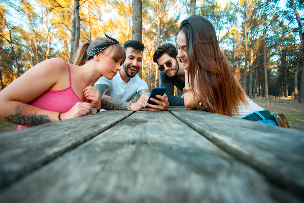 Gruppe junger Menschen schaut im Freien auf das Smartphone - Foto, Bild