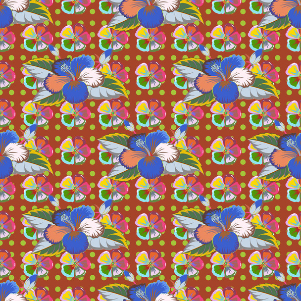 Seamless pattern with cute flowers in pink, brown and green colors. - Wektor, obraz