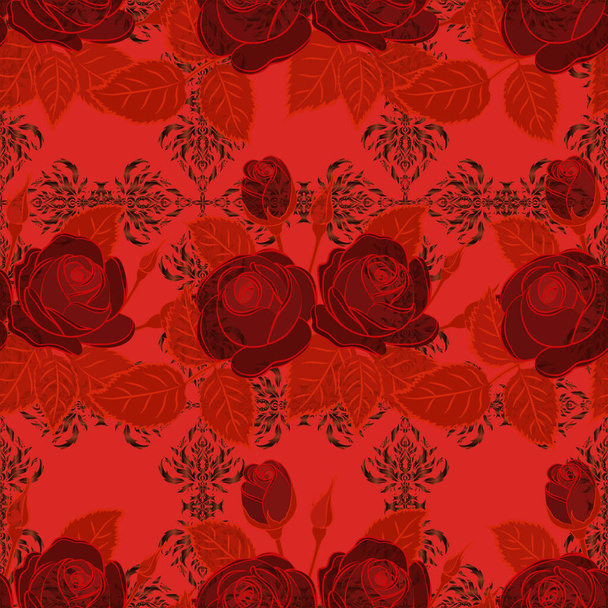 Vector seamless pattern in brown, purple and red colors. Watercolor floral image with brown, purple and red rose flowers. - Vector, Image