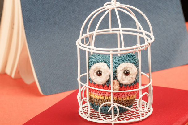 Gufo a maglia fatto in casa in una gabbia di metallo per uccelli. gufo simboleggia la saggezza è giunto a una conclusione
 - Foto, immagini