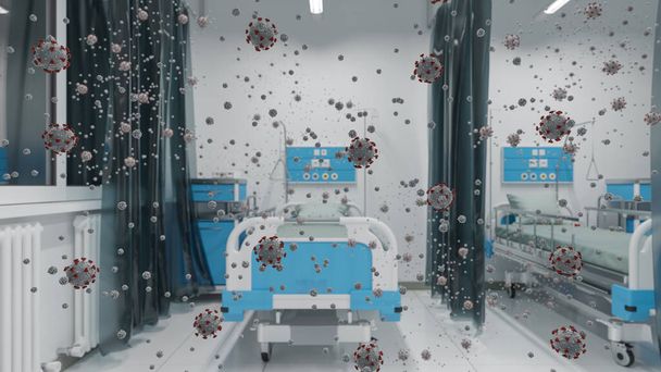 Verontreinigde medische ruimte met lege bedden bij nacht 3D rendering - Foto, afbeelding