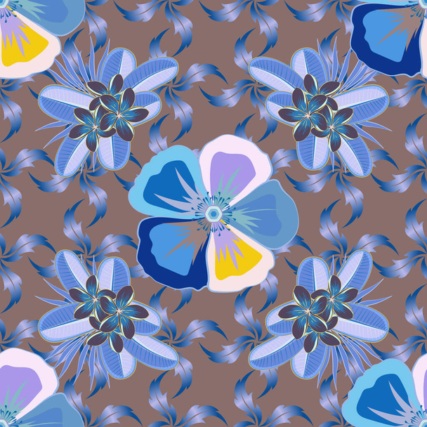 Seamless floral pattern with stylized flowers in blue, brown and yellow colors. Vector illustration. - ベクター画像