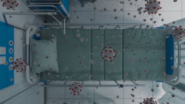 Top View of an Empty Hospital Bed with Virus Particles 3D Rendering - Photo, Image