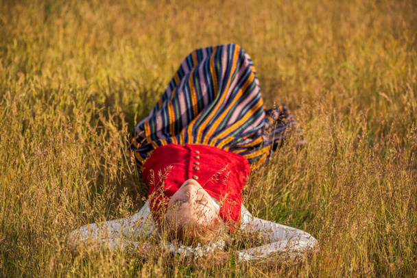 Donna lettone in abbigliamento tradizionale in posa sul campo sullo sfondo della natura nel villaggio. Festa di Ligo. Riga. Lettonia - Foto, immagini