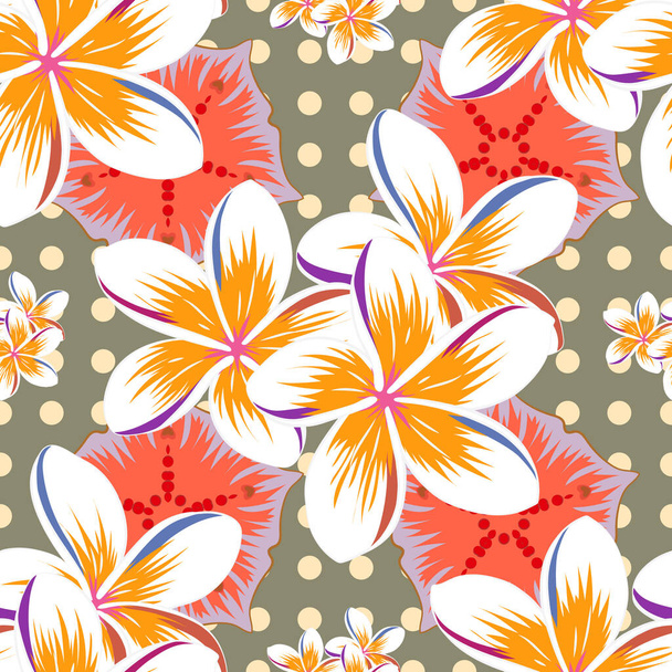 Frühlingspapier mit abstrakten niedlichen Blumen in orangen und roten Farben. Florales nahtloses Muster. Vektorillustration. - Vektor, Bild