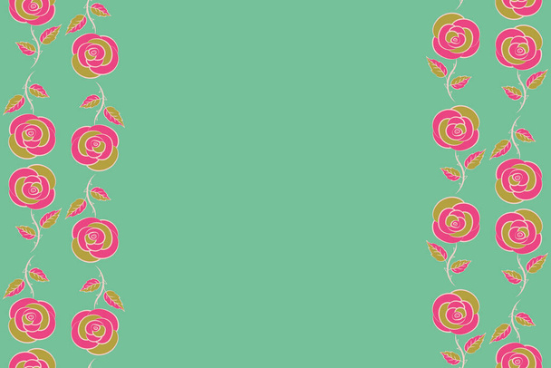 Vertical green, yellow and pink rose for fabric or embroidery with copy space (place for your text). - Photo, Image