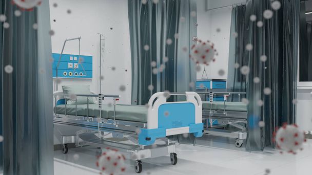 Zanieczyszczony oddział szpitalny z pustymi łóżkami w nocy renderowania 3D - Zdjęcie, obraz