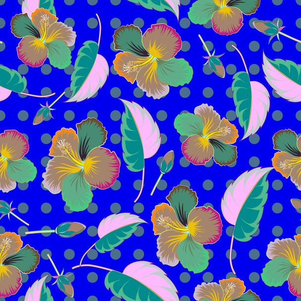 Textile print for bed linen, jacket, package design, fabric or fashion concepts. Vector seamless pattern with hibiscus flowers and leaves on a blue background. Floral background with watercolor effect - Vektör, Görsel