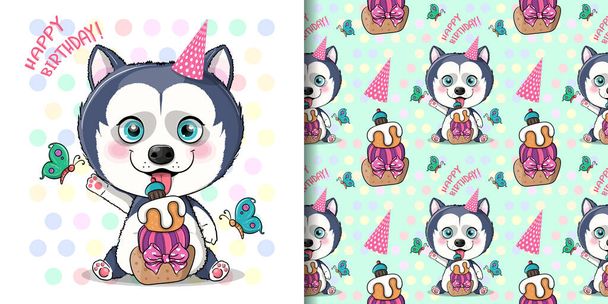 bonito cartoon husky filhote de cachorro com bolo de aniversário
 - Vetor, Imagem