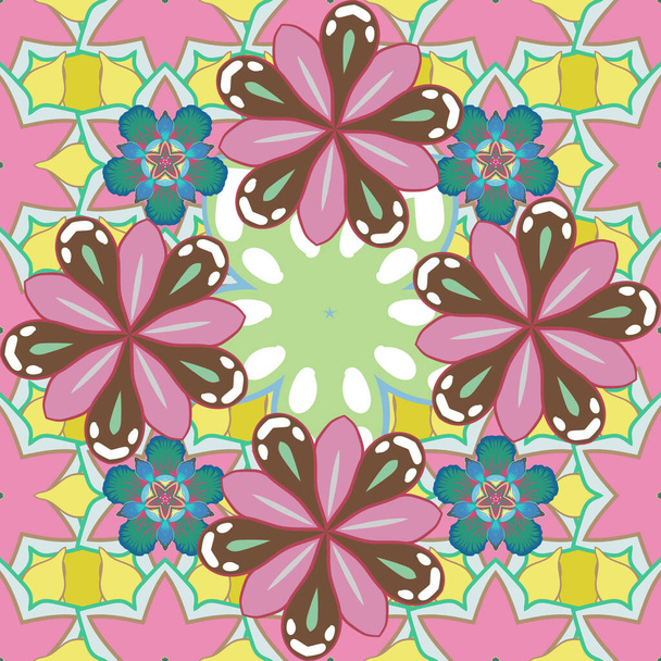 Seamless pattern of raster brown, pink and yellow elements. - Вектор, зображення