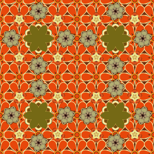 Raster illustration good for the interior design, printing, web and textile design. Optical illusion. Seamless texture of floral ornament in brown, beige and orange colors. - Vector, Image