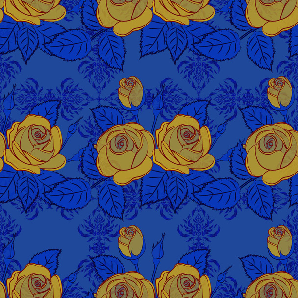 Vintage minta indiai batik stílusú rózsa virágok. Virágvektor háttér. Zökkenőmentes minta kék, barna és sárga rózsákkal. - Vektor, kép