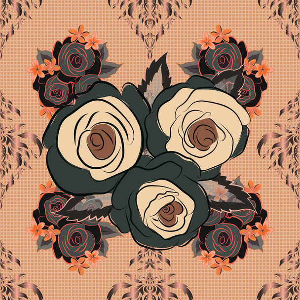 Beautiful rose flowers in orange, beige and brown colors. Stylized roses seamless pattern. Vector illustration. - Vektor, Bild
