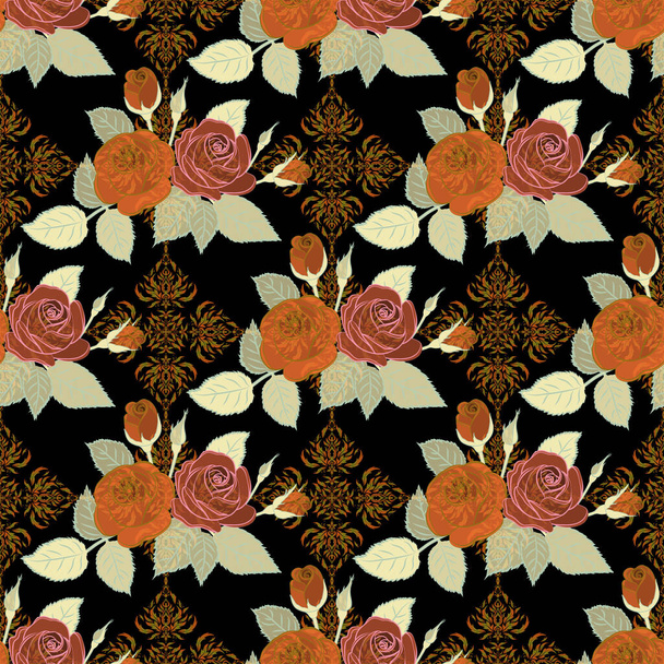 Abstract background composition with rose flowers in green, orange and brown colors, splashes, doodles and stylized flowers. Summertime vector floral seamless pattern. - Vector, Image