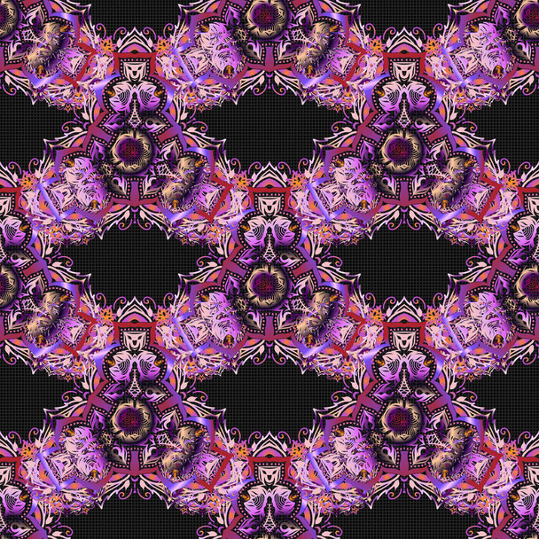 Ikat damast naadloze patroon achtergrond tegel op zwarte achtergrond in violette, roze en paarse kleuren. - Vector, afbeelding