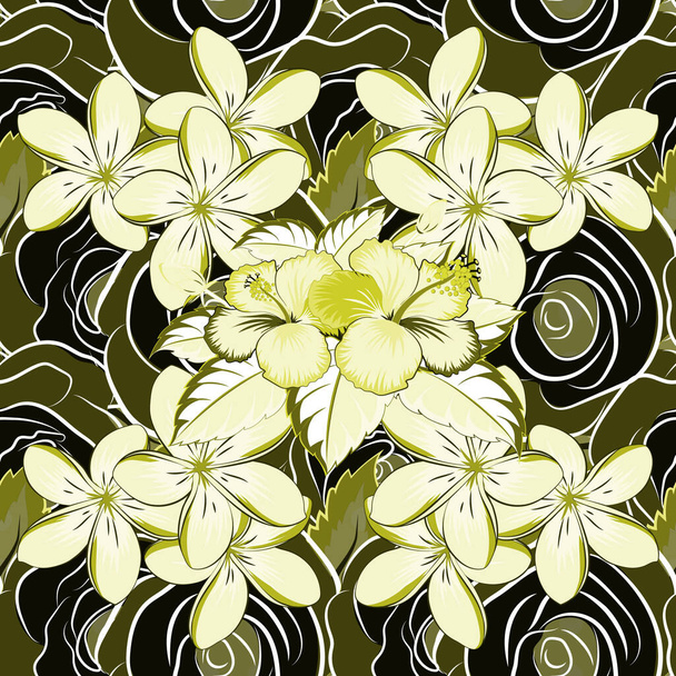 Patroon voor zomer mode, interieur, behang. Exotische bloemen in allover samenstelling. Vector illustratie. Naadloze vector tropisch design met hibiscus in groene, grijze en beige kleuren. - Vector, afbeelding
