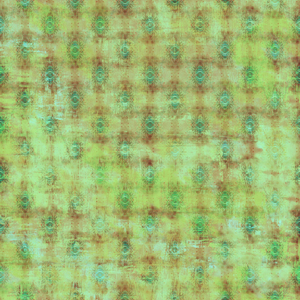 Green shabby vintage patterned background. Artificially aged bohemian wallpaper in grunge style. Design for handicraft and mass production of various goods. - Foto, immagini