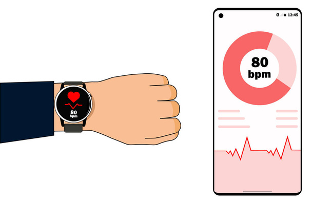 Relógio inteligente à mão. App no telefone com rastreamento de batimentos cardíacos
. - Vetor, Imagem